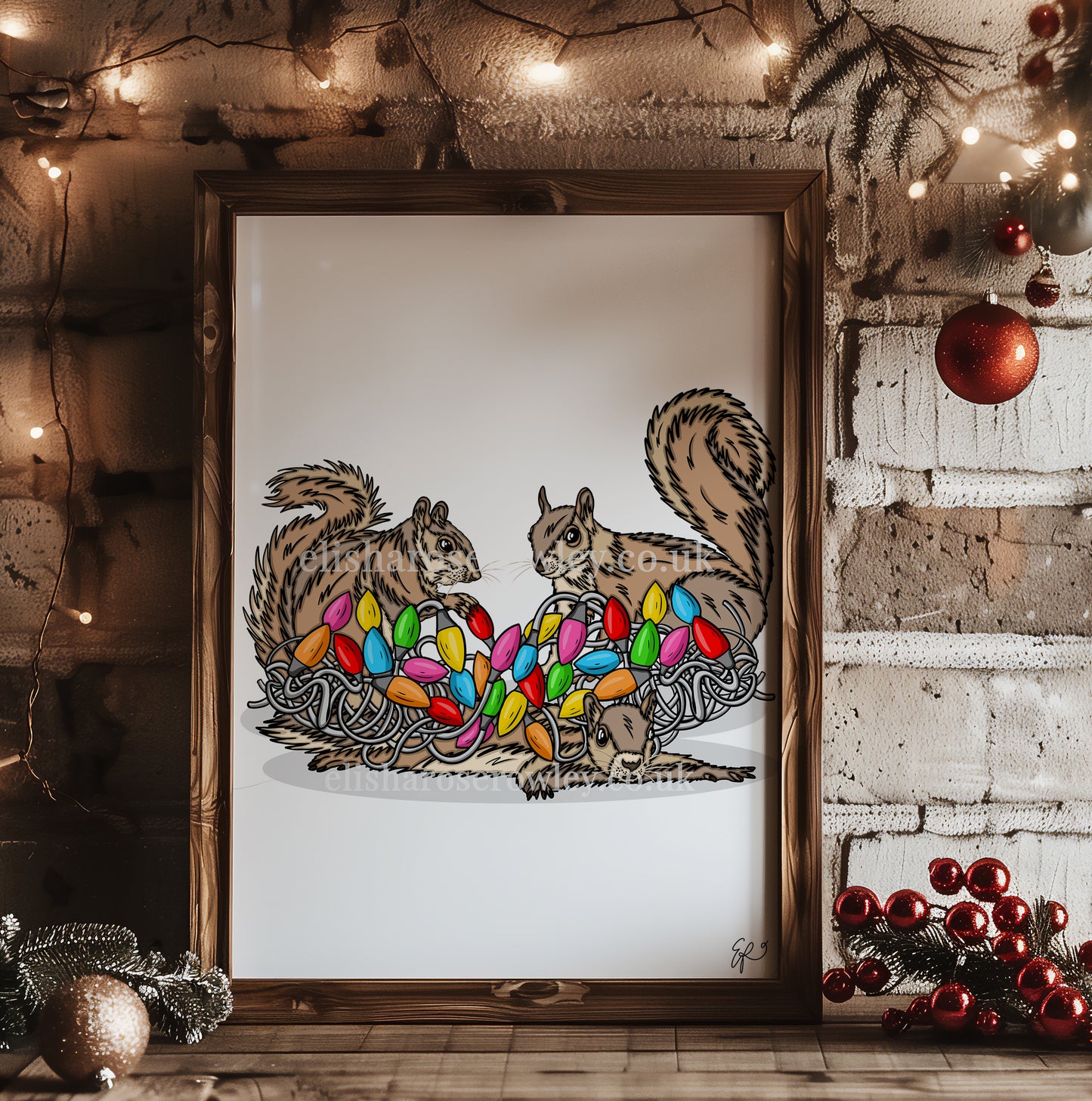 Merry Squirrels! Hand-drawn and Illustrated Art Print. Squirrels with Christmas Lights!
