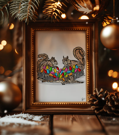 Merry Squirrels! Hand-drawn and Illustrated Art Print. Squirrels with Christmas Lights!