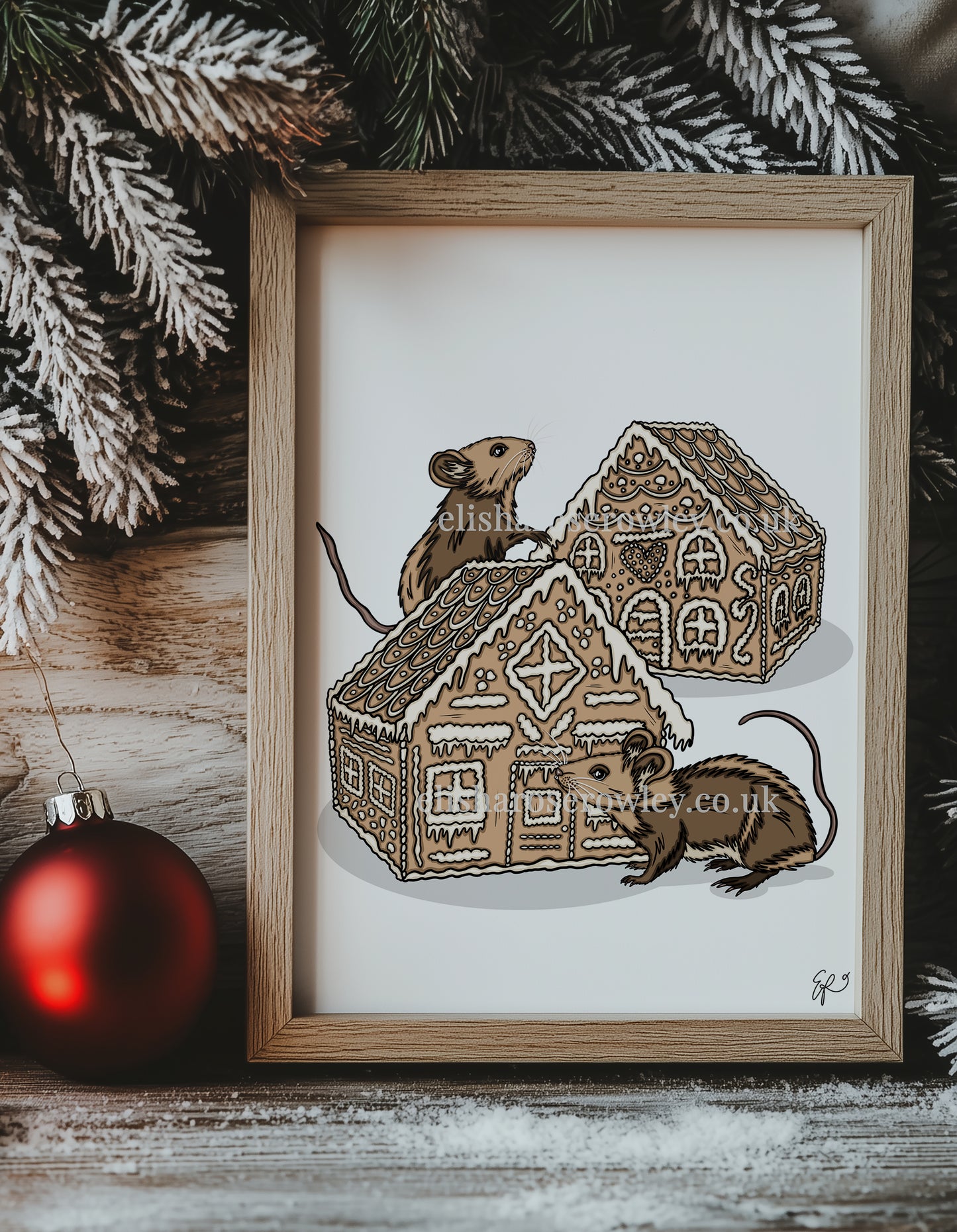 Gingerbread Mice! Hand-drawn and Illustrated Art Print. Mice eating Gingerbread Houses!