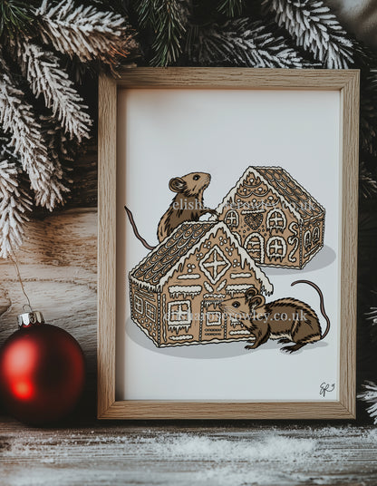 Gingerbread Mice! Hand-drawn and Illustrated Art Print. Mice eating Gingerbread Houses!