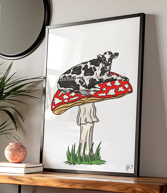 MOOshroom! - 3 Variations. Cow Print, Mushroom Illustrated Art Print
