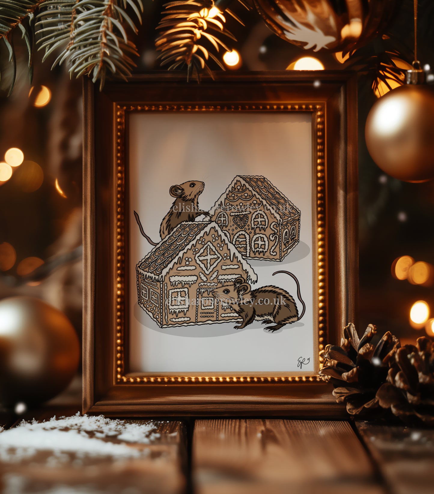 Gingerbread Mice! Hand-drawn and Illustrated Art Print. Mice eating Gingerbread Houses!