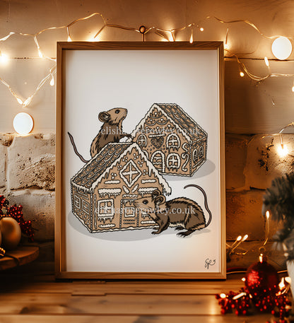 Gingerbread Mice! Hand-drawn and Illustrated Art Print. Mice eating Gingerbread Houses!
