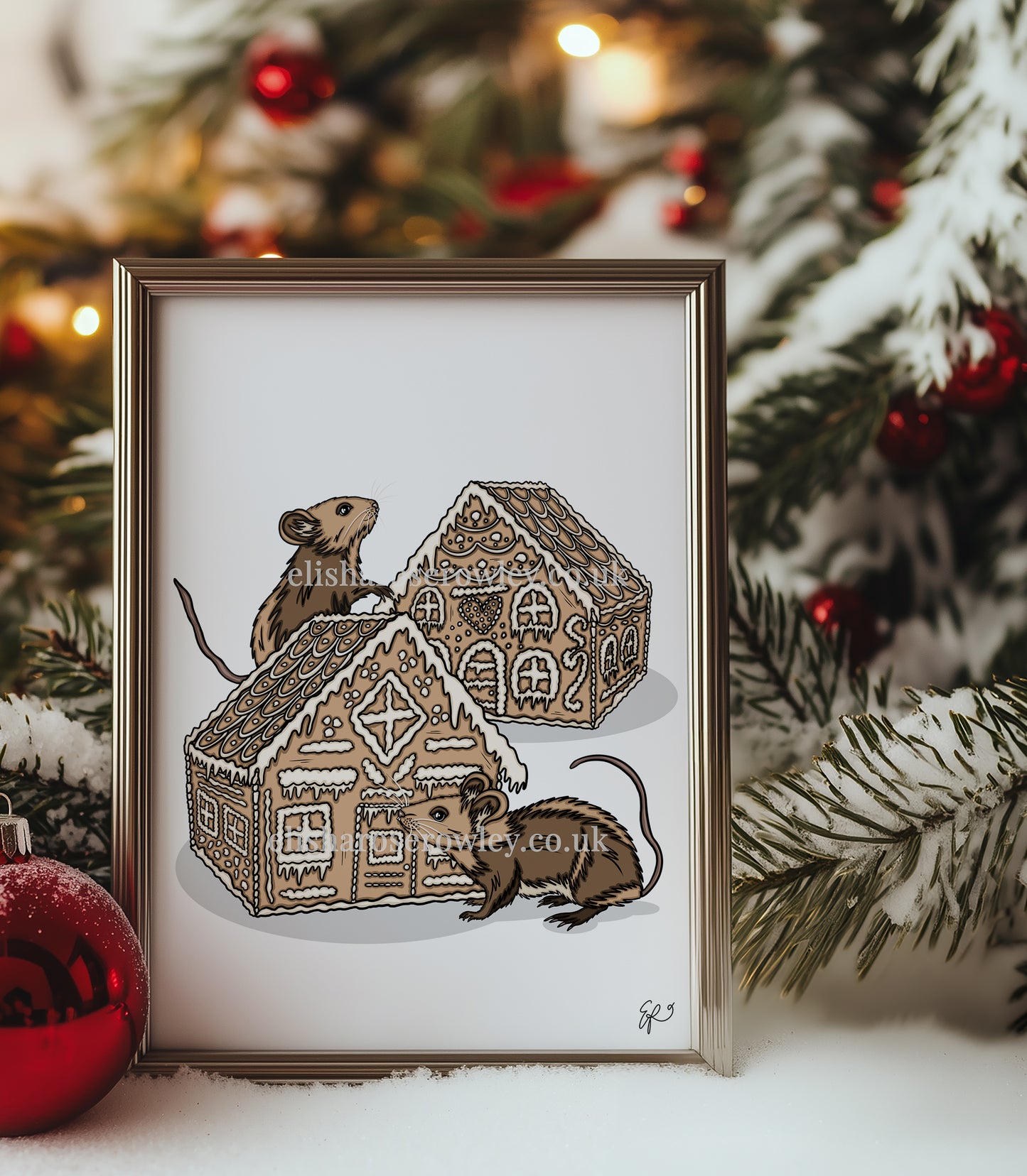 Gingerbread Mice! Hand-drawn and Illustrated Art Print. Mice eating Gingerbread Houses!