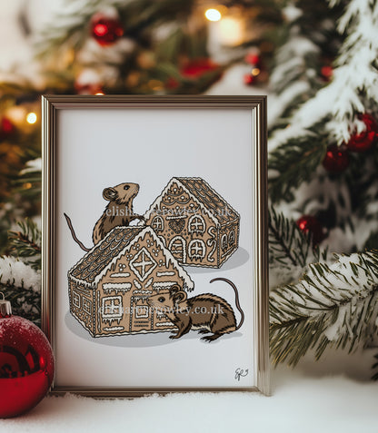 Gingerbread Mice! Hand-drawn and Illustrated Art Print. Mice eating Gingerbread Houses!