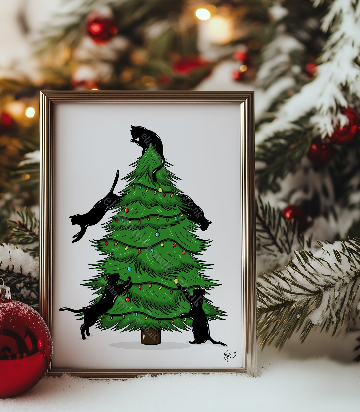 Merry Cat-Mas! Hand-drawn and Illustrated Art Print, Cats climbing the Christmas Tree!