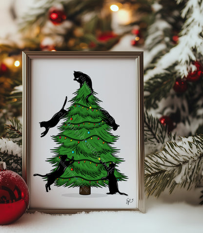 Merry Cat-Mas! Hand-drawn and Illustrated Art Print, Cats climbing the Christmas Tree!