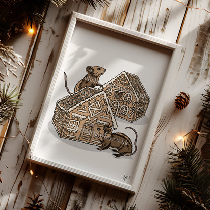 Gingerbread Mice! Hand-drawn and Illustrated Art Print. Mice eating Gingerbread Houses!