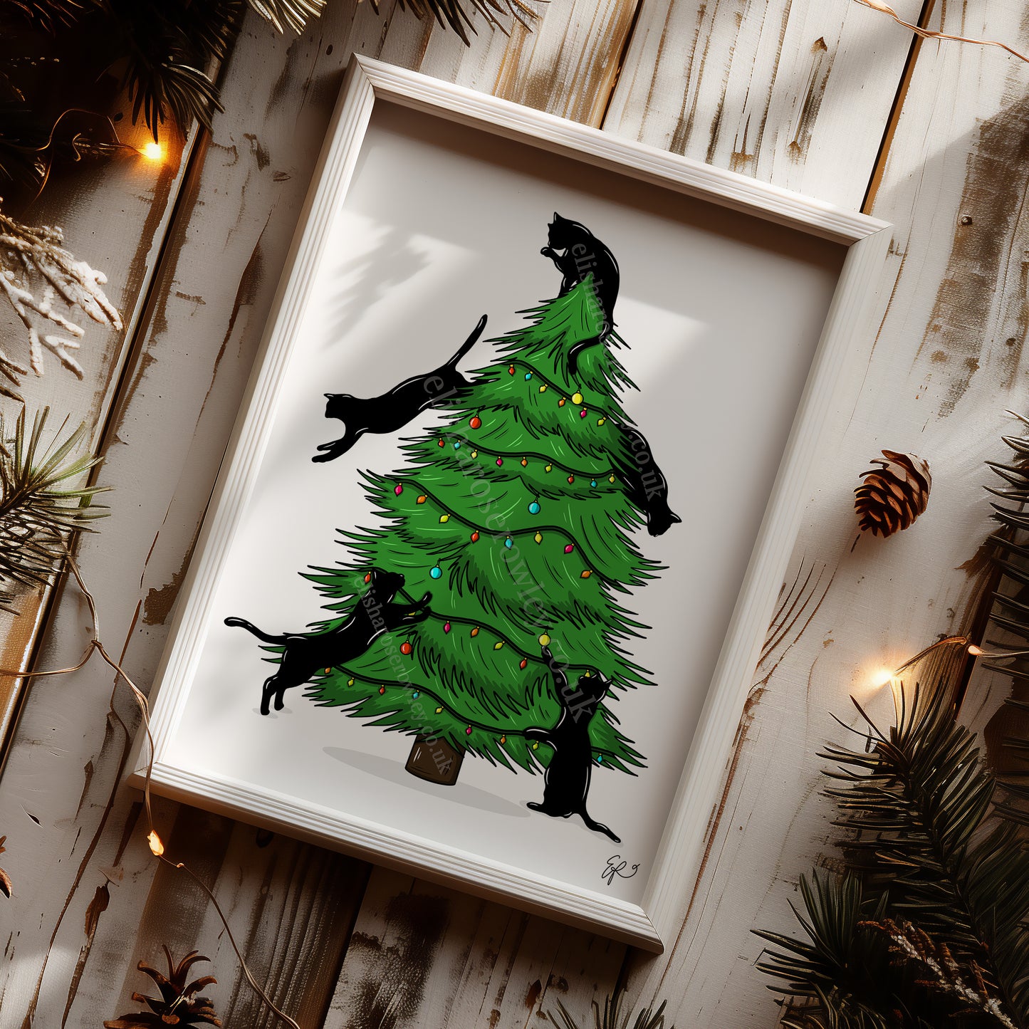 Merry Cat-Mas! Hand-drawn and Illustrated Art Print, Cats climbing the Christmas Tree!