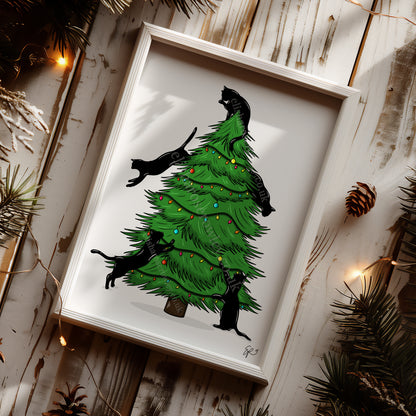 Merry Cat-Mas! Hand-drawn and Illustrated Art Print, Cats climbing the Christmas Tree!