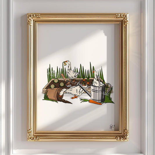 Gardening Geese - Hand-drawn and Illustrated Art Print
