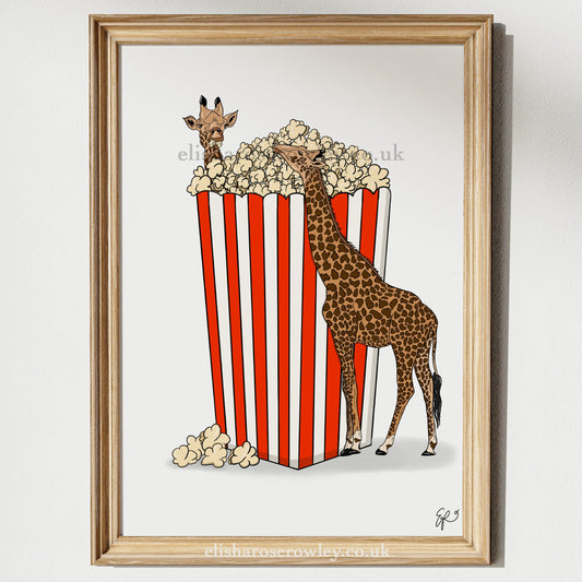Sweet and Salty - Popcorn Giraffes, Kitchen/Bedroom Wall Art Print - Available in 2 Colours