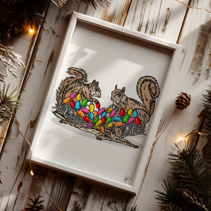 Merry Squirrels! Hand-drawn and Illustrated Art Print. Squirrels with Christmas Lights!